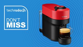 Nespresso Vertuo Pop+ Coffee and Espresso Maker by Breville in Spicy Red on blue background with TechRadar don't miss sign