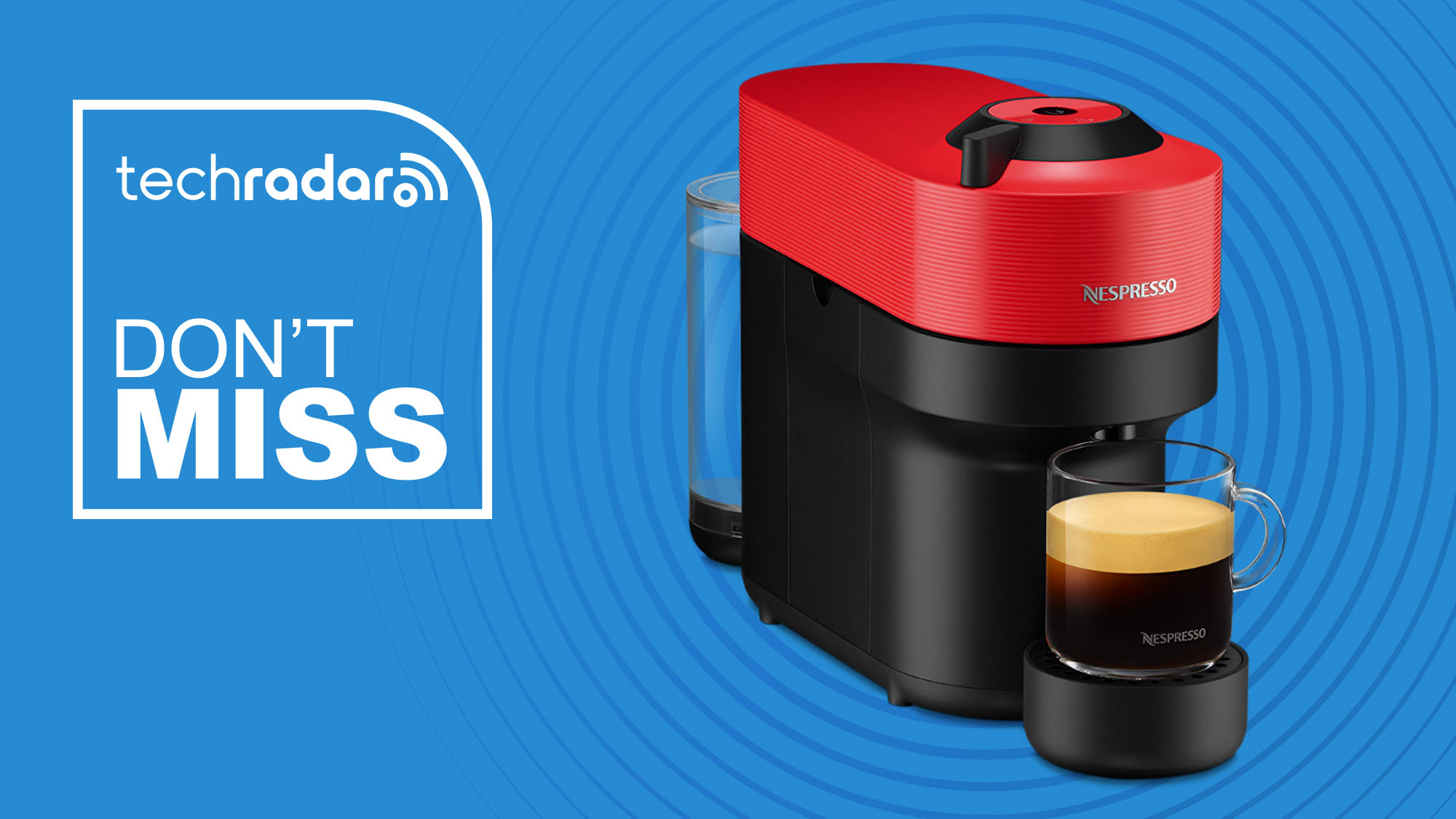 Nespresso Vertuo Pop+ Coffee and Espresso Maker by Breville in Spicy Red on blue background with TechRadar don&#039;t miss sign