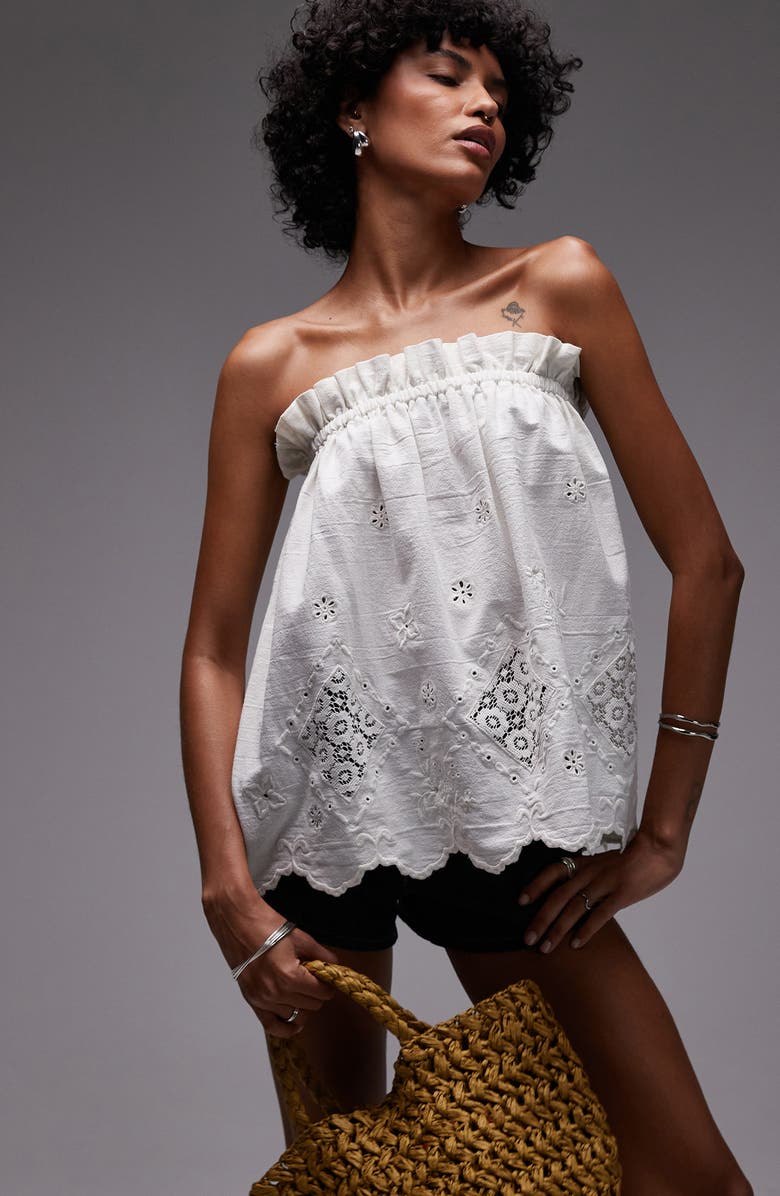 Lace Inset Strapless Cotton 
Linen Top