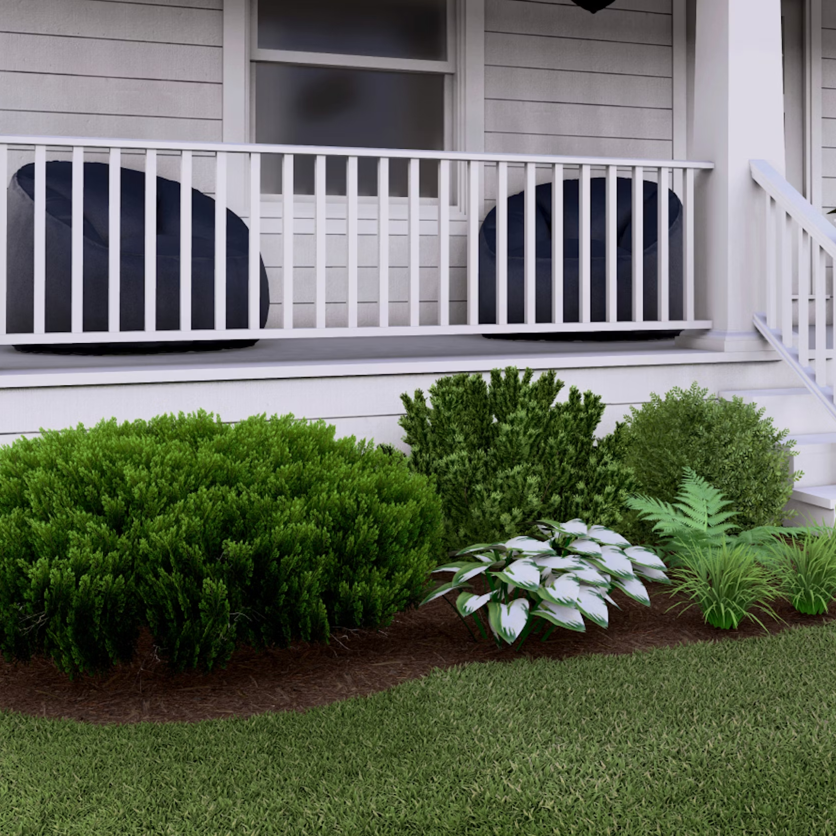 Green foliage in front of porch