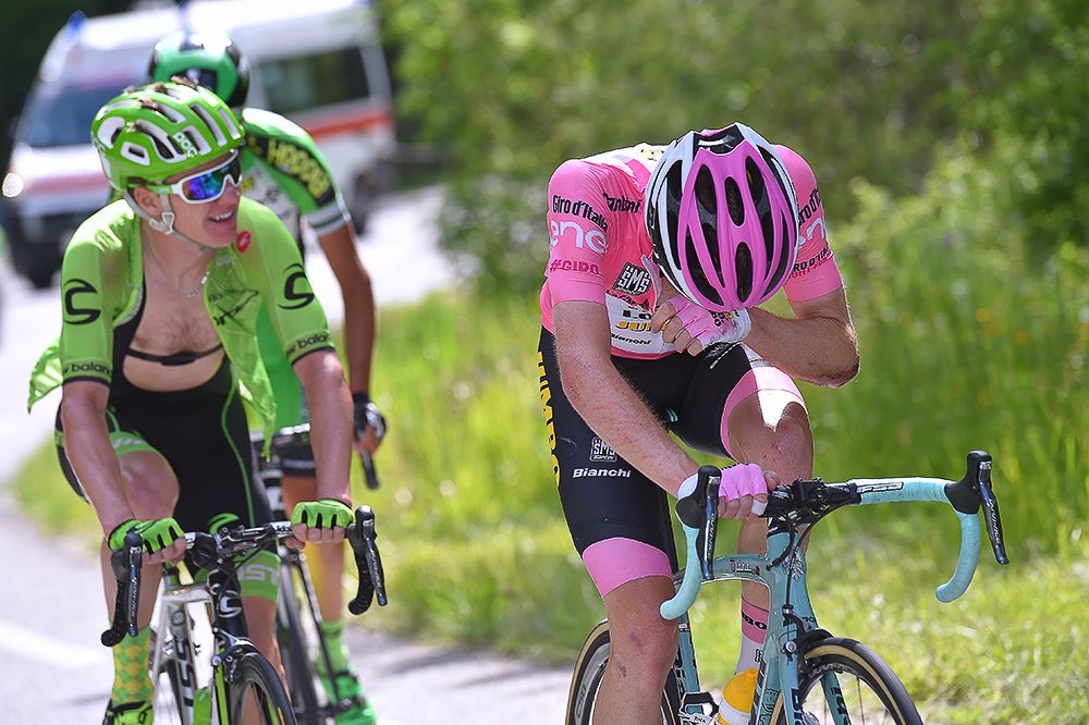 Steven Kruijswijk (LottoNL-Jumbo) reacts after crashing in the Colle dell'Agnello downhill