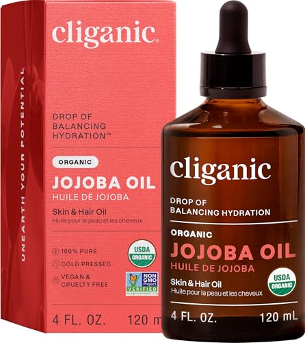 Cliganic Organic Jojoba Oil, 100% Pure (4oz) | Moisturizing for Face, Hair, Skin &amp;amp; Nails | Natural Cold Pressed Hexane Free | Base Carrier Oil