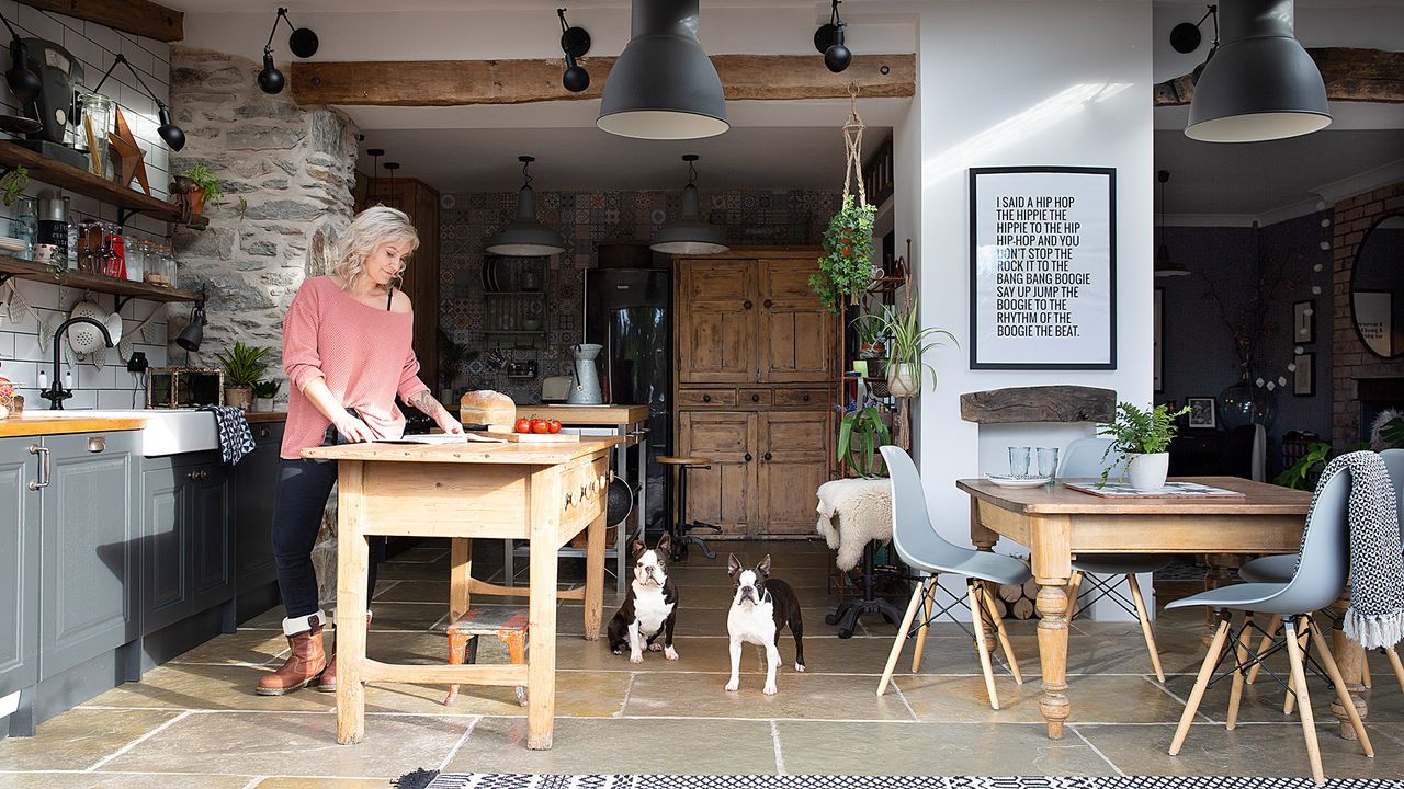 Open plan kitchen-diner with reclaimed kitchen island