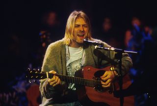 Kurt Cobain performs onstage with Nirvana at Sony Studios in New York City on November 18, 1993