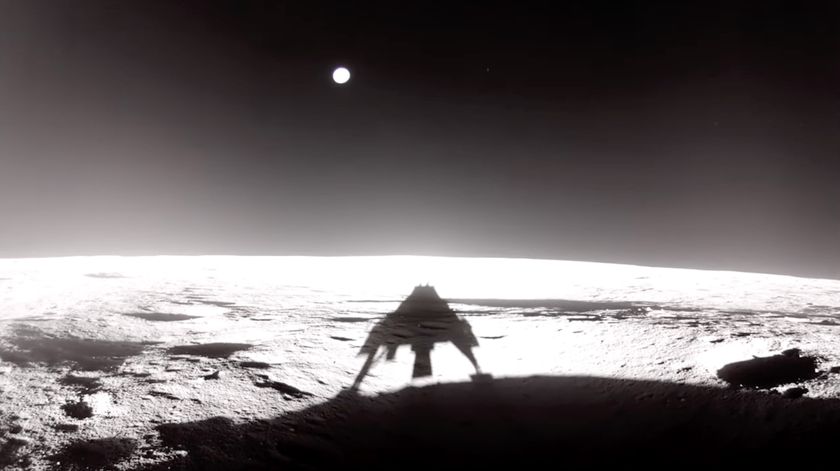 Firefly Aerospace&#039;s Blue Ghost lunar lander captured this shot of its own shadow on the moon just after its touchdown on March 2, 2025.