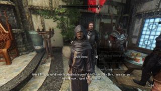 Best Skyrim mods — the Dragonborn in first-person conversation with the Breton vampire, Sybille Stentor.