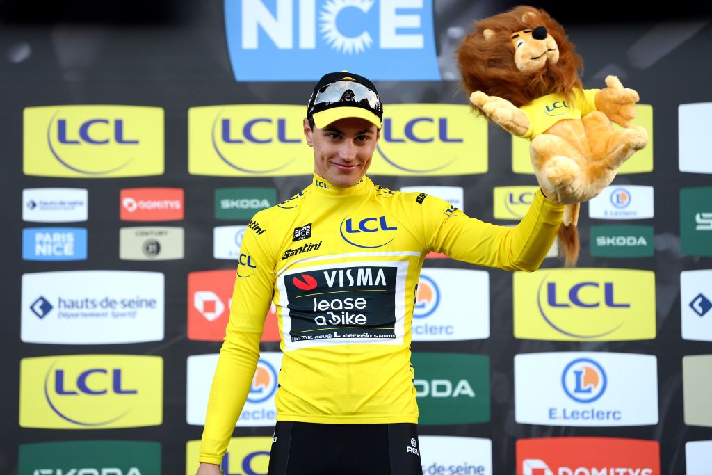 LES MUREAUX FRANCE MARCH 03 Olav Kooij of The Netherlands and Team Visma Lease a Bike celebrates at podium as Yellow leader jersey winner during the 82nd Paris Nice 2024 Stage 1 a 1577km stage from Les Mureaux to Les Mureaux UCIWT on March 03 2024 in Les Mureaux France Photo by Alex BroadwayGetty Images