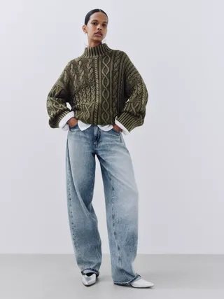 And/or Aspen Patchwork Cable Knit Jumper, Olive Acid Wash