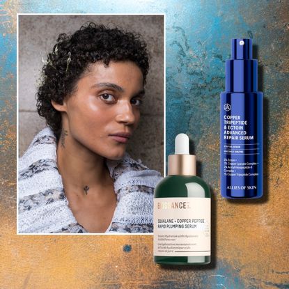 a young woman with dark curly hair and glowing skin next to two bottles of copper peptide skincare