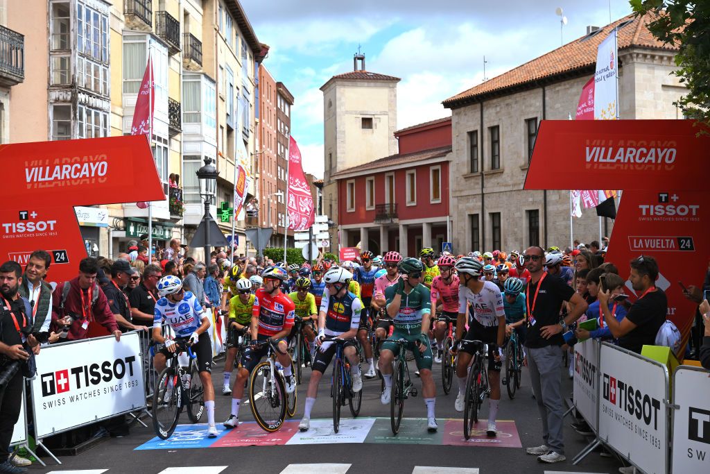 VILLARCAYO SPAIN SEPTEMBER 07 LR Marc Soler of Spain and UAE Team Emirates Polka Dot Mountain Jersey Primoz Roglic of Slovenia and Team Red Bull Bora hansgrohe Red Leader Jersey Mattias Skjelmose Jensen of Denmark and Team Lidl Trek White Best Young Rider Jersey and Kaden Groves of Australia and Team Alpecin Deceuninck Green Points Jersey prior to the La Vuelta 79th Tour of Spain 2024 Stage 20 a 172km stage from Villarcayo to Picon Blanco 1491m UCIWT on September 07 2024 in Villarcayo Spain Photo by Tim de WaeleGetty Images