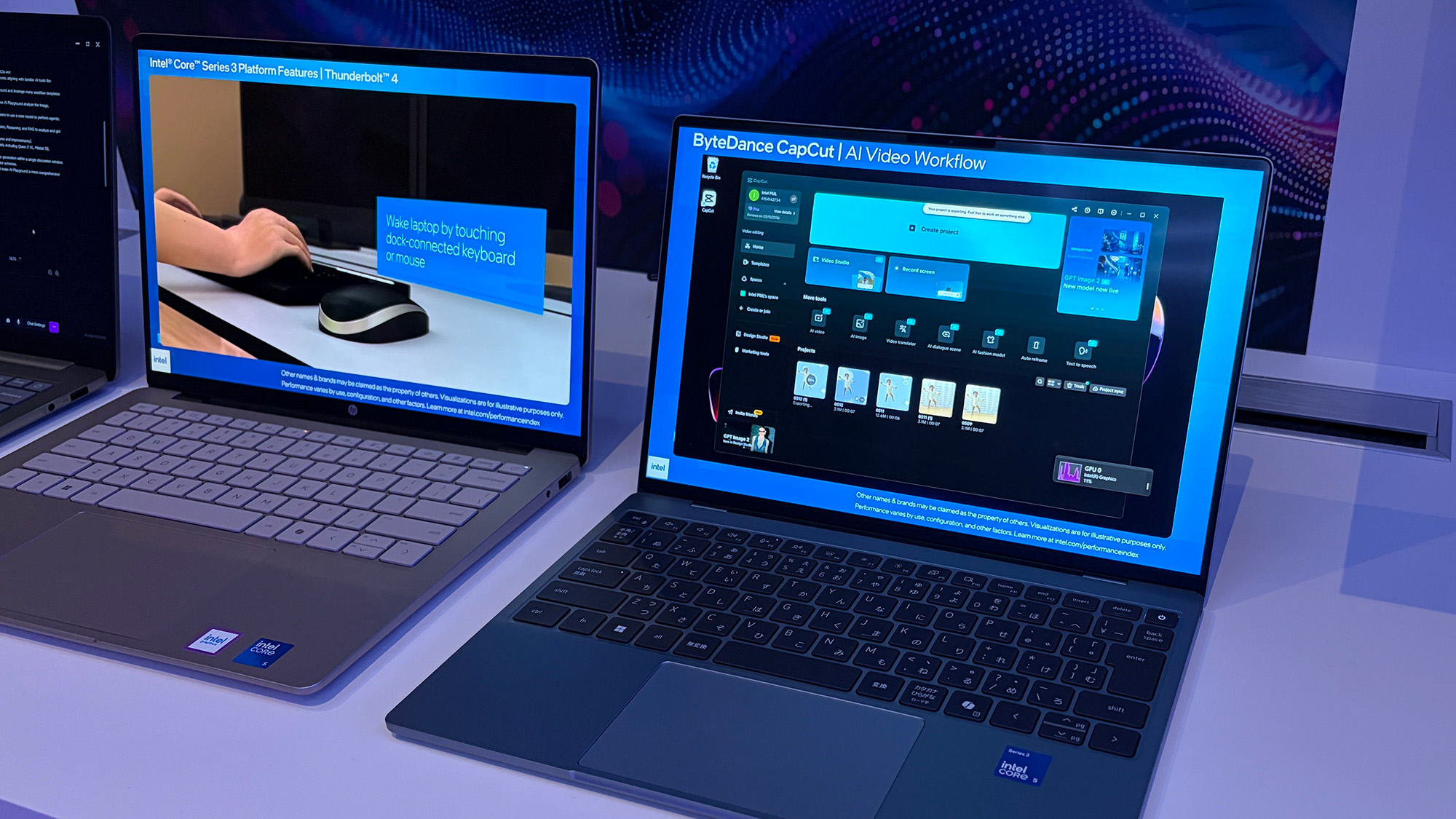 Laptops on a countertop displaying Intel Core Ultra Series 3 features at Computex 2026