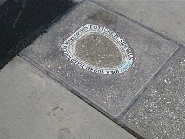 A road construction project in Bellingham, Wash., used an unusual recycled material to make a section of sidewalk: crushed toilets. 