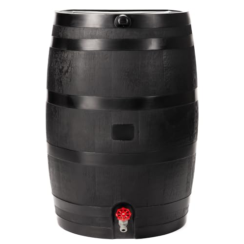Rts Home Accents 50-Gallon Eco Rain Barrel Made With 100% Recycled Plastic, Flat Back Rain Water Collection Barrel, Black