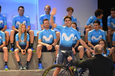 Mikel Landa waves while wearing the new Movistar kit
