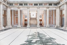 Schwarzheide, 2019, by Luc Tuymans, installation view at Palazzo Grassi featuring a mosaic installation in the atrium on the floor. 
