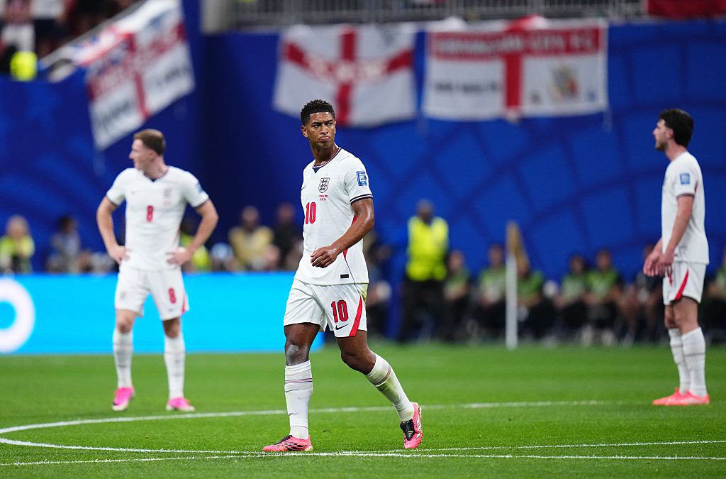 Jude Bellingham reacts after the goal scored by Brian Cipenga of Congo during 2026 FIFA World Cup Round of 32 match between England and DR Congo. (Photo by Jose Hernandez/Anadolu via Getty Images)