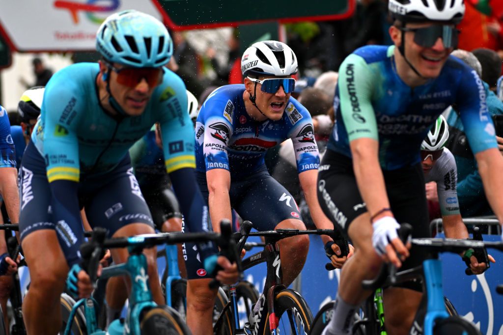 KANBO FRANCE APRIL 02 Louis Vervaeke of Belgium and Team Soudal QuickStep crosses the finish line during the 63rd Itzulia Basque Country 2024 Stage 2 a 160km stage from Irun to Kanbo UCIWWT on April 02 2024 in Kanbo France Photo by Tim de WaeleGetty Images