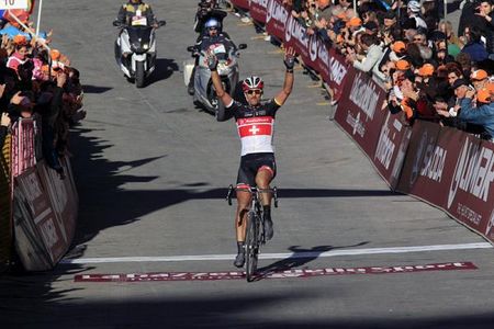 Fabian Cancellara (RadioShack-Nissan) celebrates his victory in Strade Bianche.