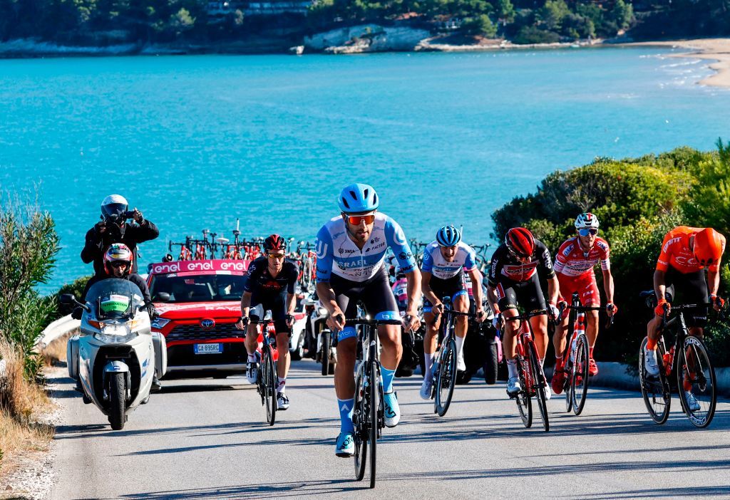 Team Israel StartUp Nation rider Englands Alex Dowsett C competes during the 8th stage of the Giro dItalia 2020 cycling race a 200kilometer route between Giovinazzo and Vieste on October 10 2020 Photo by Luca Bettini AFP Photo by LUCA BETTINIAFP via Getty Images