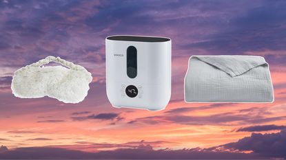 Products for better sleep, including an eye mask, humidifier, and lightweight blanket, all on a sunset cloudy background