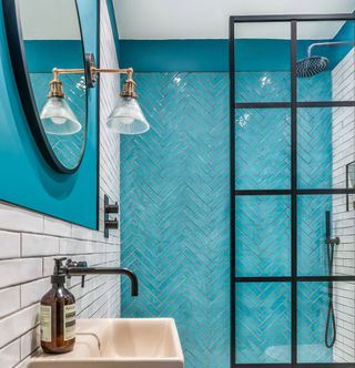 bathroom with blue and white walls