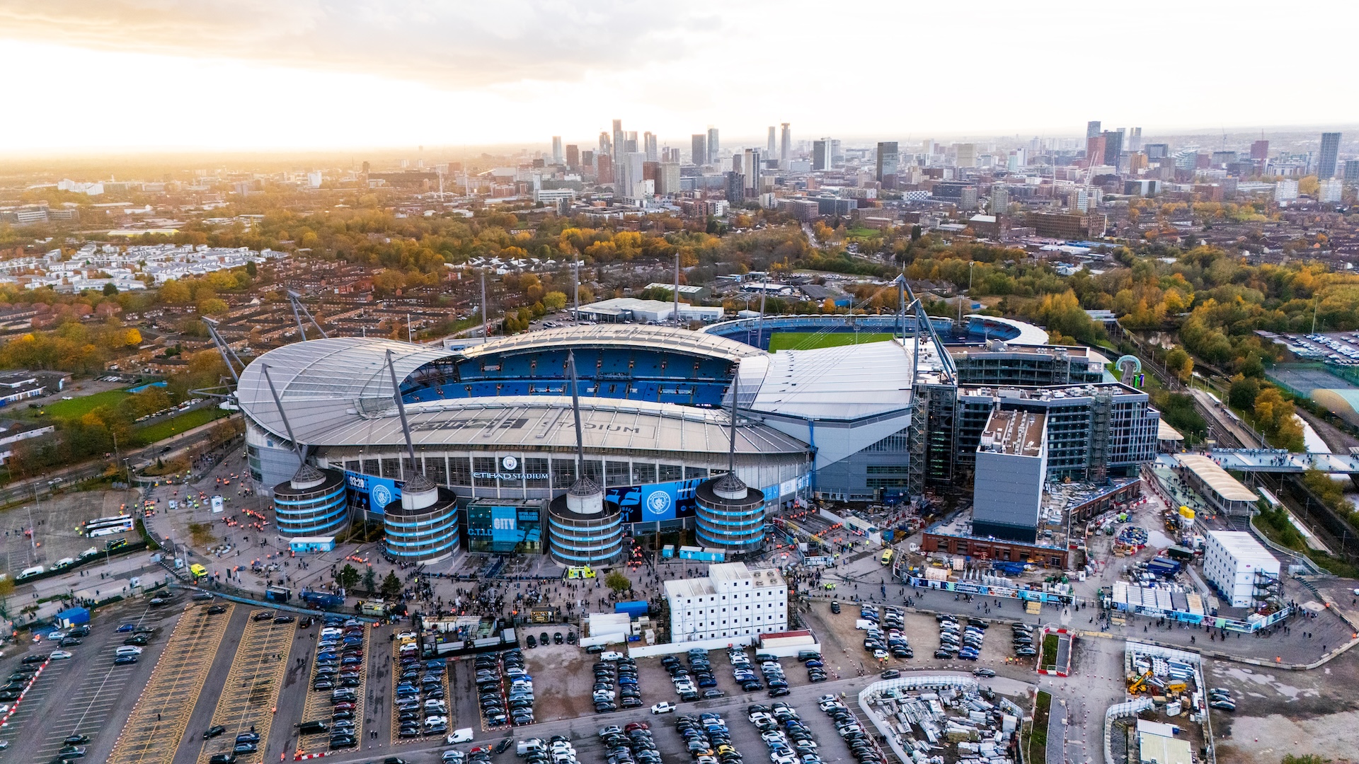 A general exterior aerial view of Etihad Stadium showing the North Stand expansion in progress ahead of the Premier League match between Manchester City and Bournemouth at Etihad Stadium