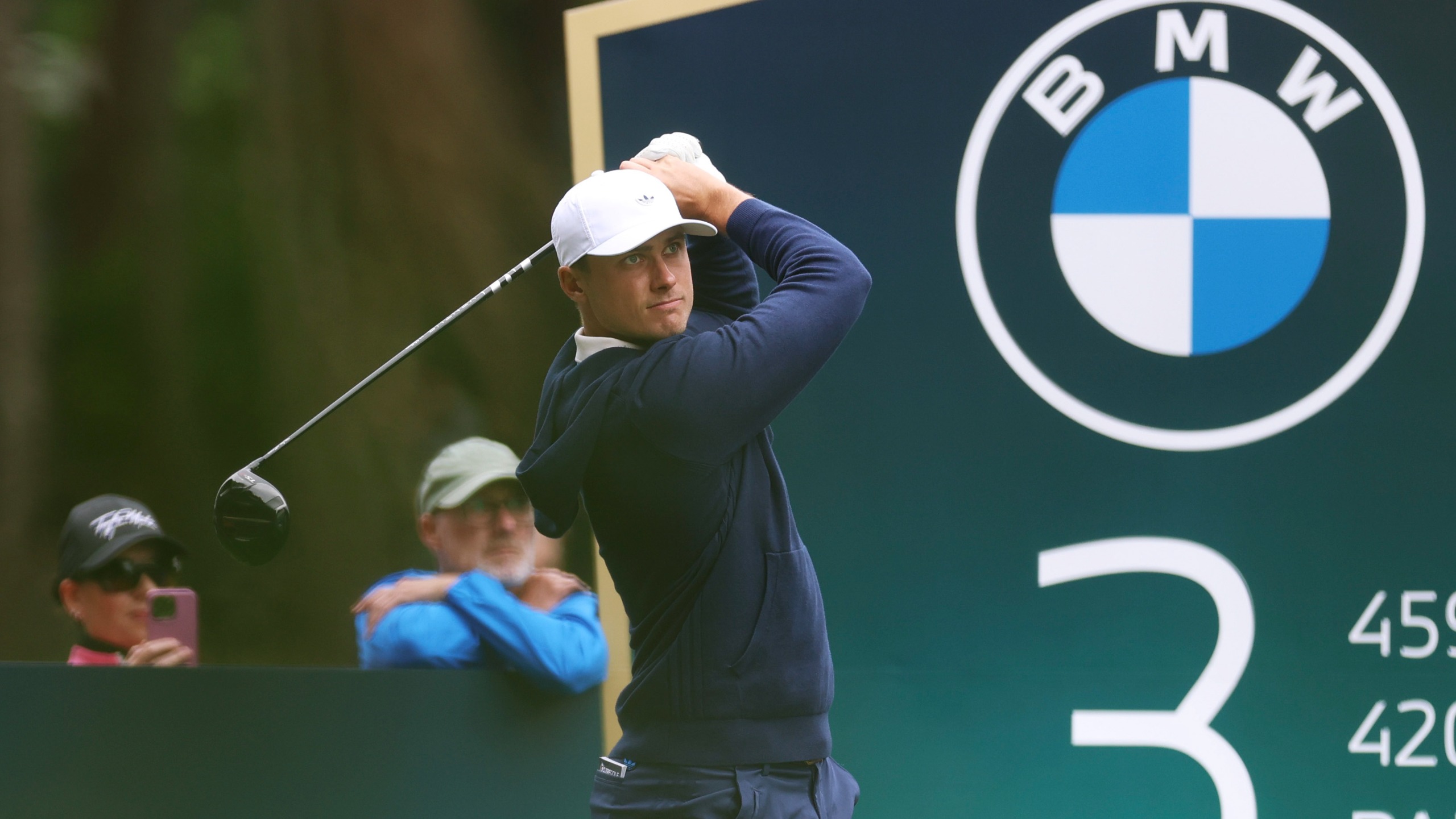 Ludvig Aberg of Sweden tees off on the third hole during a practice round prior to the BMW PGA Championship at Wentworth on September 15, 2026.