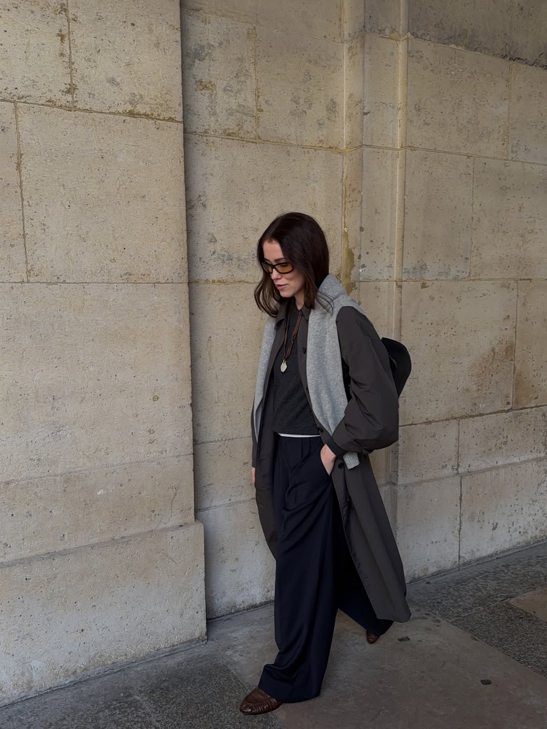 Annabel in wool trousers coat and scarf