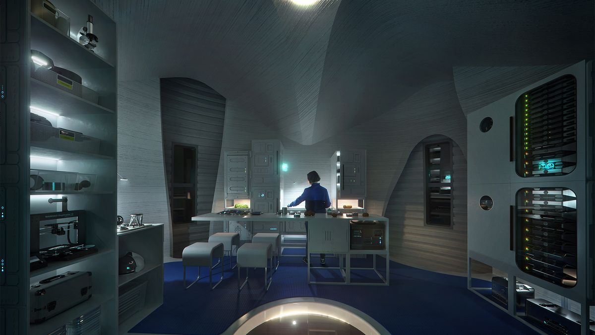 A visualization showing a potential interior for Marsha, the winner of NASA's 3D-Printed Habitat Challenge.