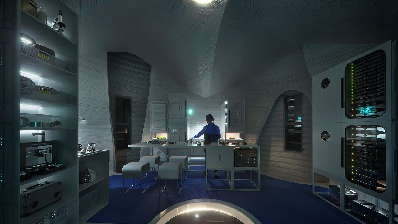 A visualization showing a potential interior for Marsha, the winner of NASA's 3D-Printed Habitat Challenge.