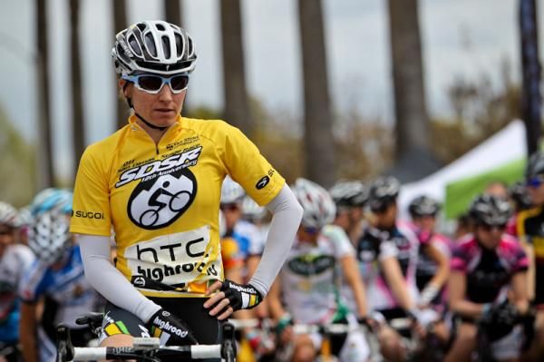 Amber Neben (HTC-Highroad) ready to defend the yellow jersey in the crit.