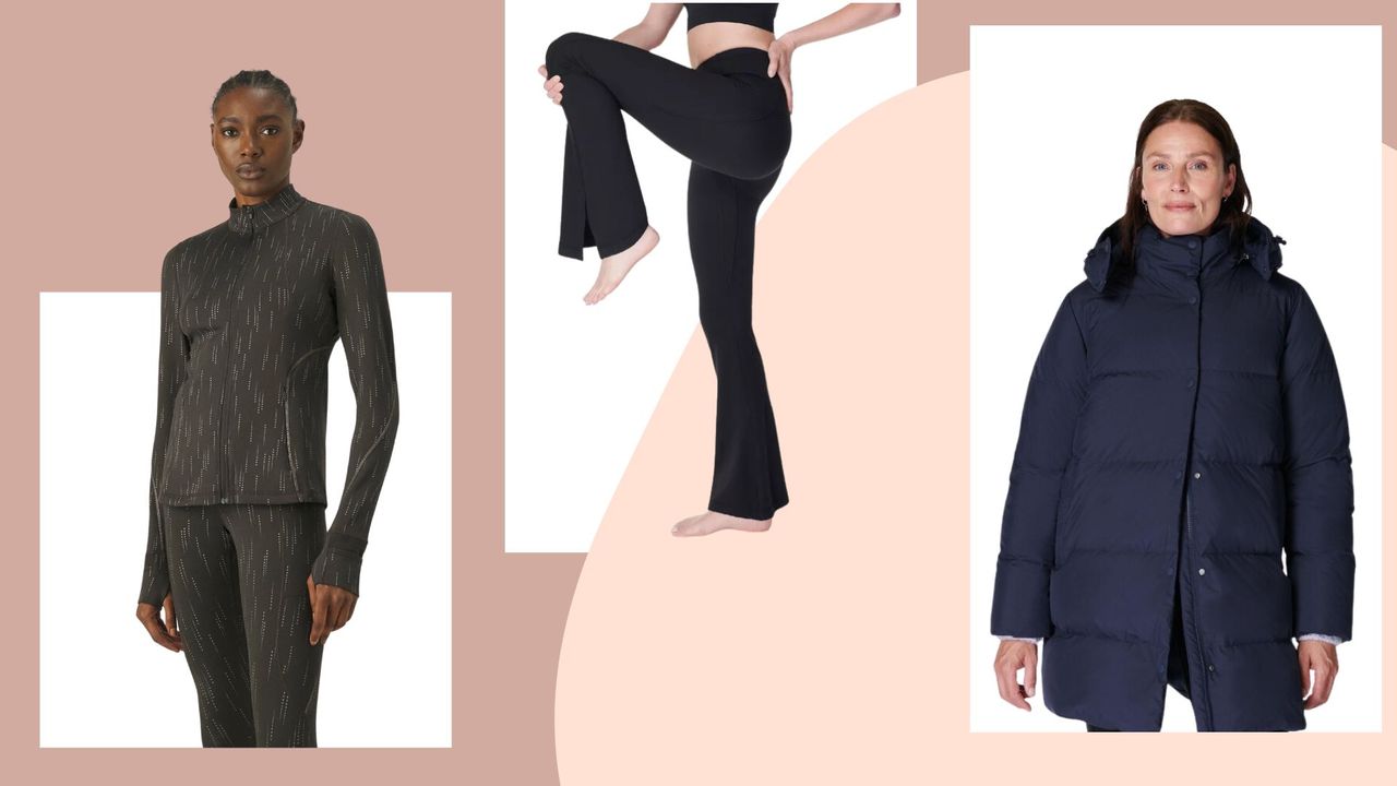 A selection of clothing in the Sweaty Betty sale, including leggings, a workout top, and coat 