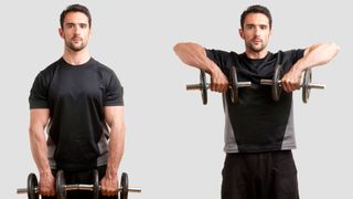 Man performing dumbbell upright row
