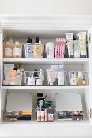 bathroom products labelled in clear boxes
