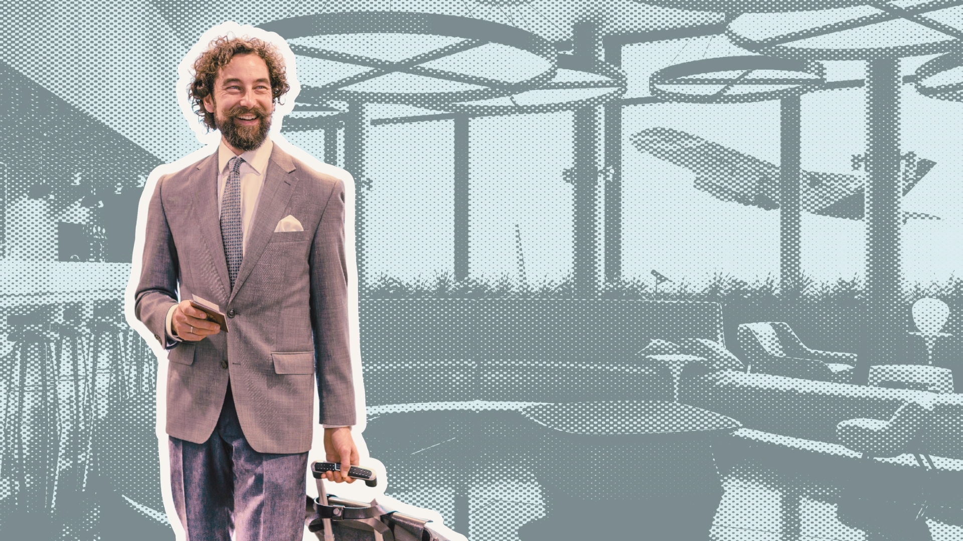 Man wheels suitcase in a created image of an airport lounge with a plane taking off in the background.