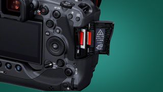 The card slots of the Canon EOS R3 mirrorless camera