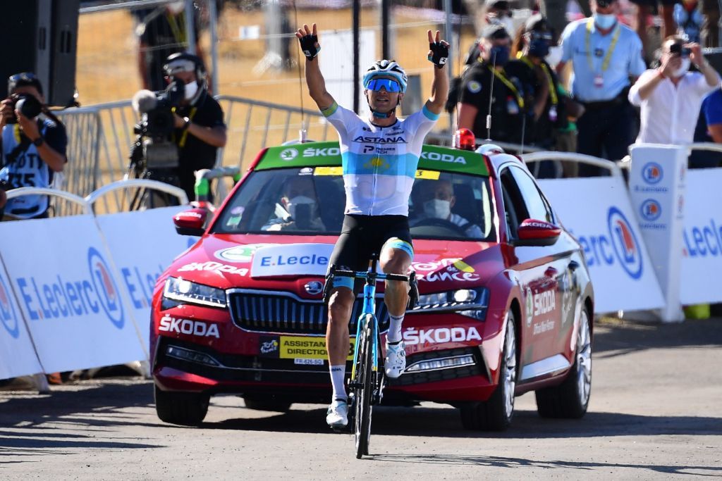 Stage winner Team Astana rider Kazakhstans Alexey Lutsenko celebrates as he crosses the finish line of the 6th stage of the 107th edition of the Tour de France cycling race 191 km between Le Teil and Mont Aigoual on September 3 2020 Photo by Stuart Franklin POOL AFP Photo by STUART FRANKLINPOOLAFP via Getty Images