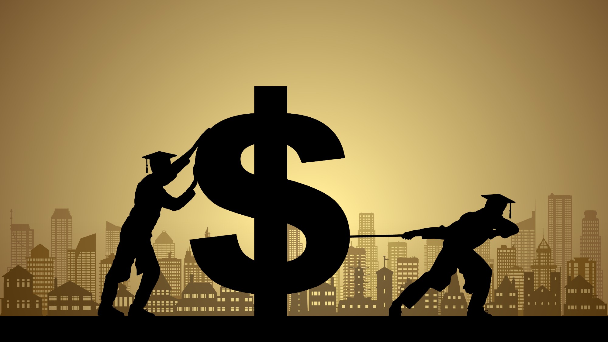 Illustration depicting the silhouettes of two graduate students pushing a giant dollar sign against the backdrop of a city