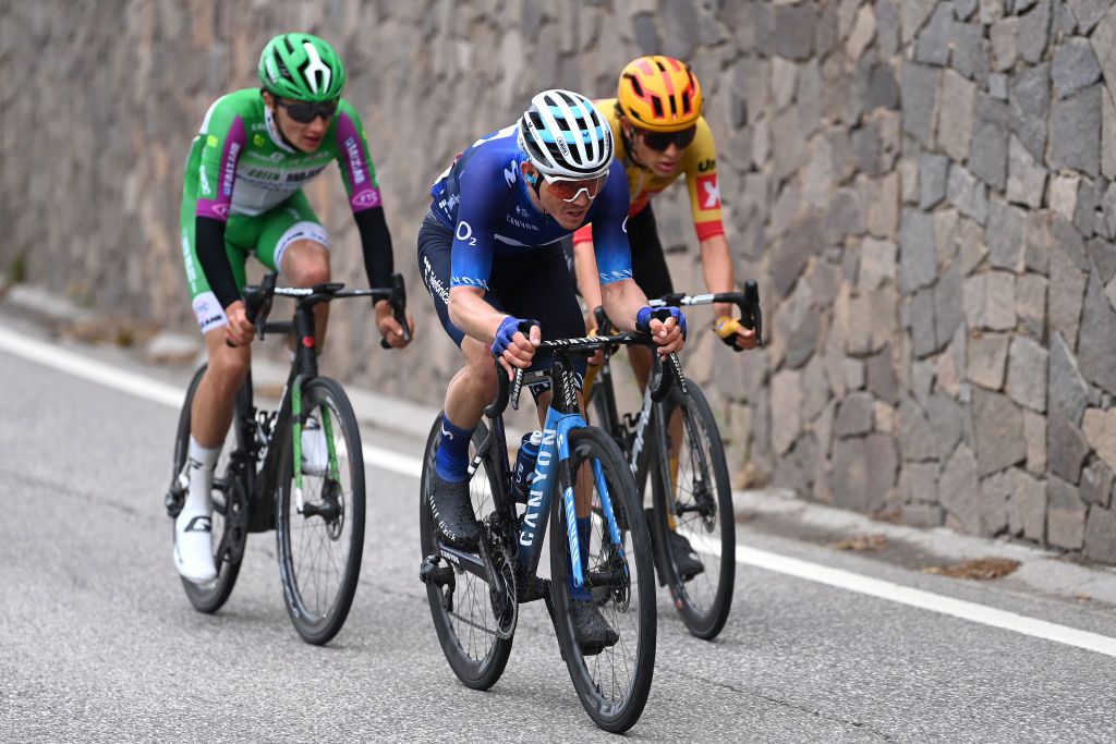 PREDAZZO ITALY APRIL 20 LR Giulio Pellizzari of Italy and Green ProjectBardiani CsfFaizan Team Gregor Muhlberger of Austria and Movistar Team and Torstein Tren of Norway and UnoX Pro Cycling Team compete in the breakaway during the 46th Tour of the Alps 2023 Stage 4 a 1529km stage from Rovereto to Predazzo 1023m on April 20 2023 in Predazzo Italy Photo by Tim de WaeleGetty Images