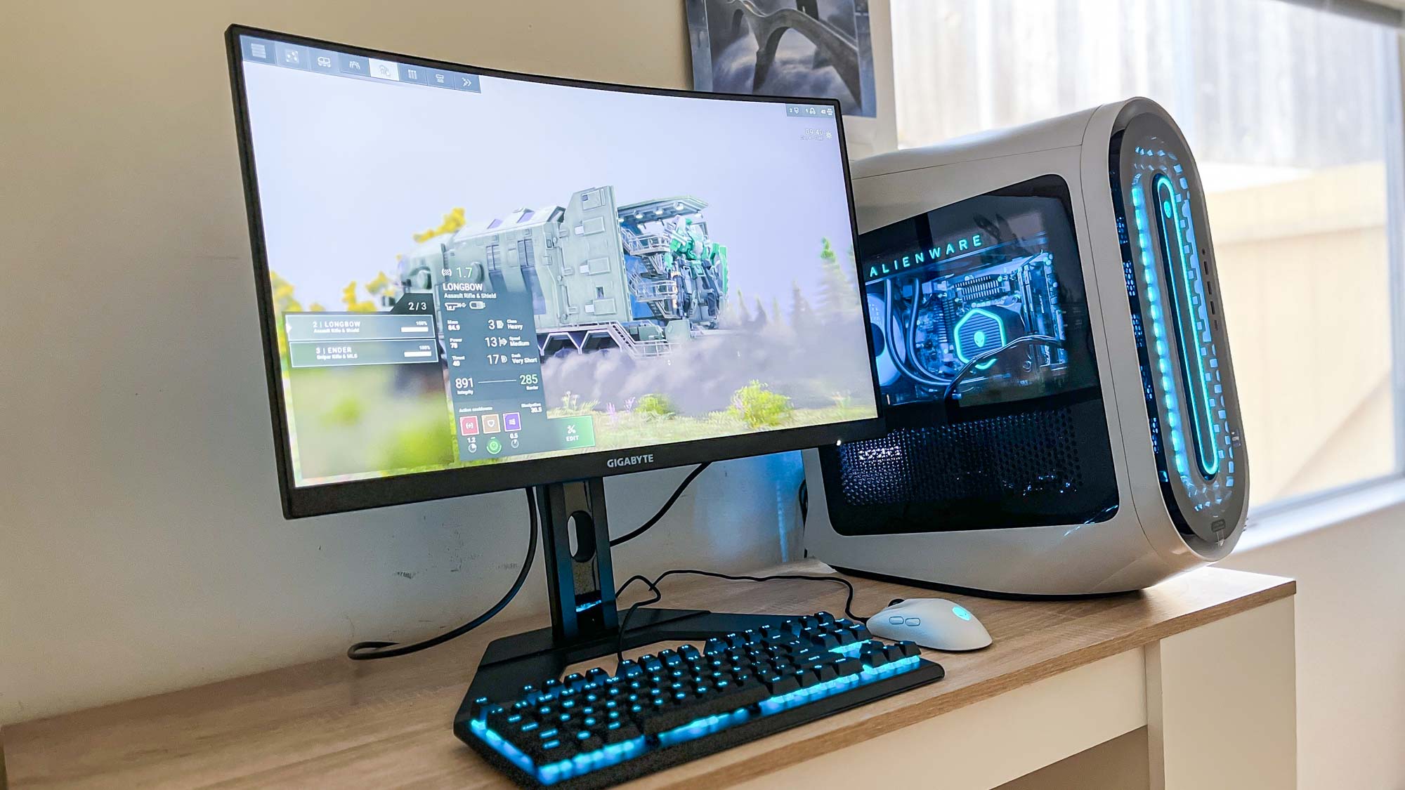 Alienware Aurora R15 review unit, viewed at an angle with Phantom Brigade running on-screen