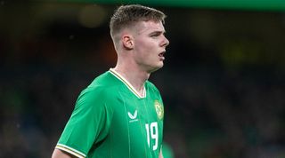 Evan Ferguson in action for Ireland against Latvia in March 2023.