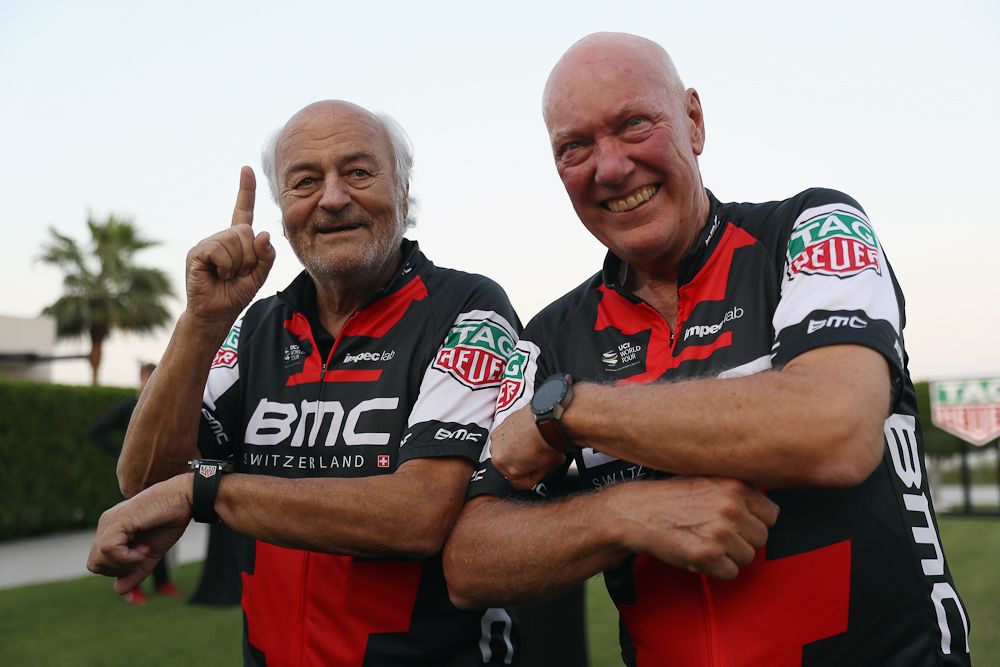 Jean-Claude Biver (l), TAG Heuer CEO and Andy Rihs - Proprietaire du BMC Racing Team attend a press conference to announce Tag Heuer as a new sponsor of the BMC Cycling team
