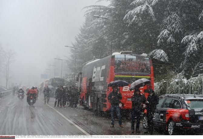 Riders enjoyed a brief respite from the cold in team buses