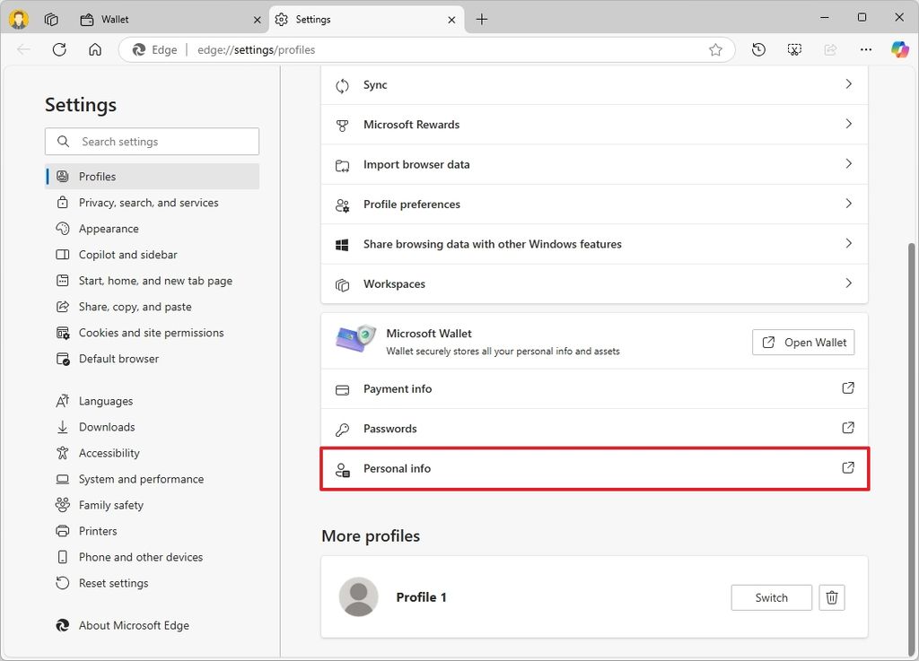 Microsoft Edge Personal info settings