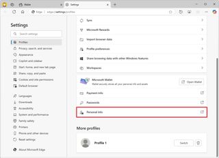 Microsoft Edge Personal info settings