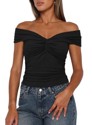 Darong Women Summer Twist Knot Front Off the Shoulder Tank Tops Cap Sleeve Going Out Shirts Slim Fitted Y2k Summer Outfits 9058 Black M