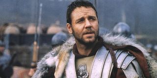 Gladiator Russell Crowe in fur and armor on the battlefield