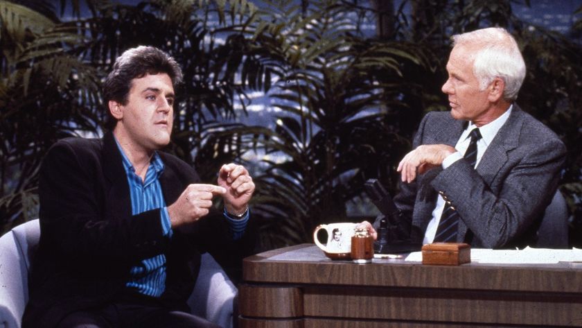Jay Leno being interviewed by Johnny Carson on The Tonight Show.