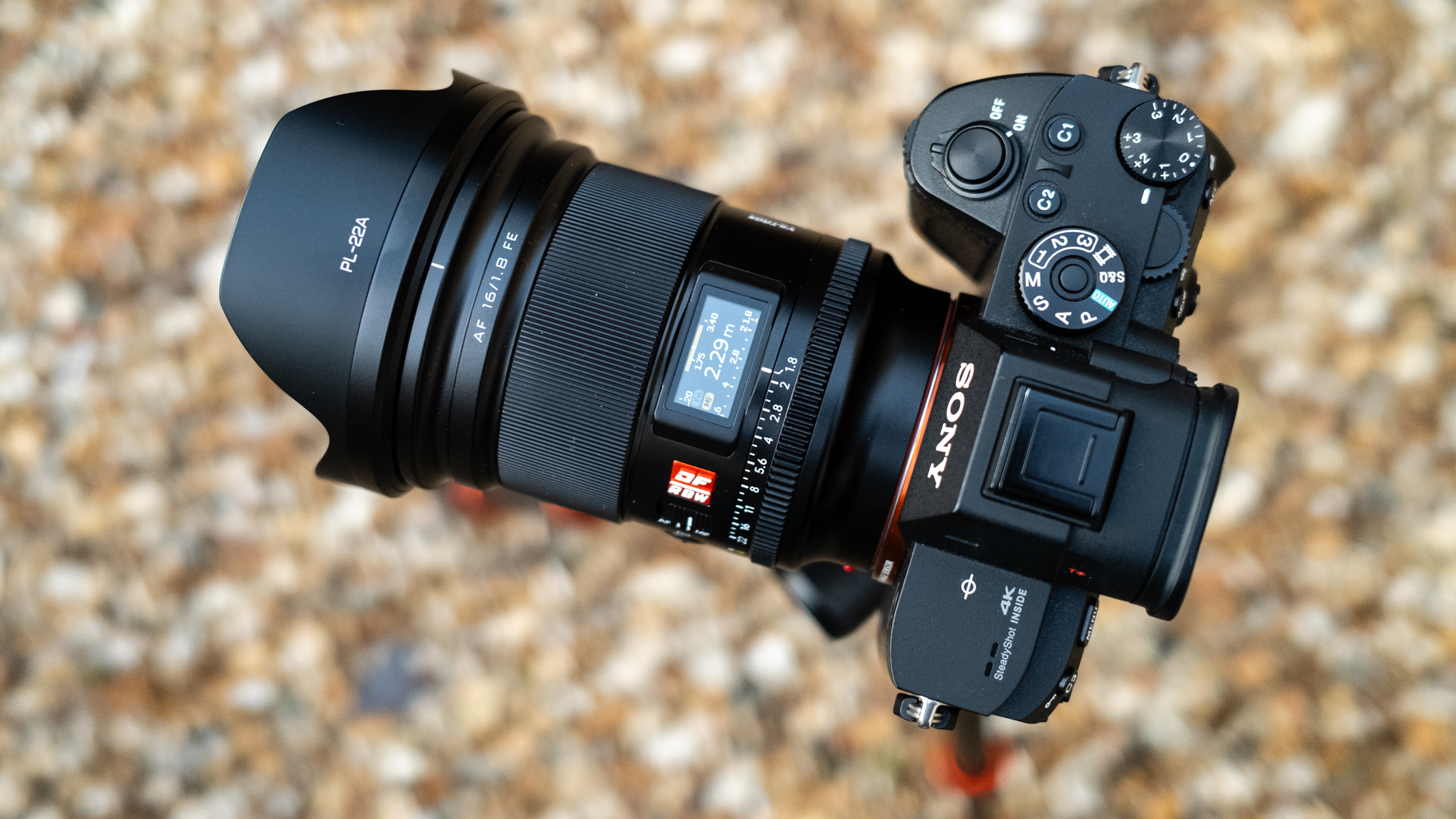 Viltrox AF 16mm f/1.8 FE attached to a Sony A7R III viewed from above