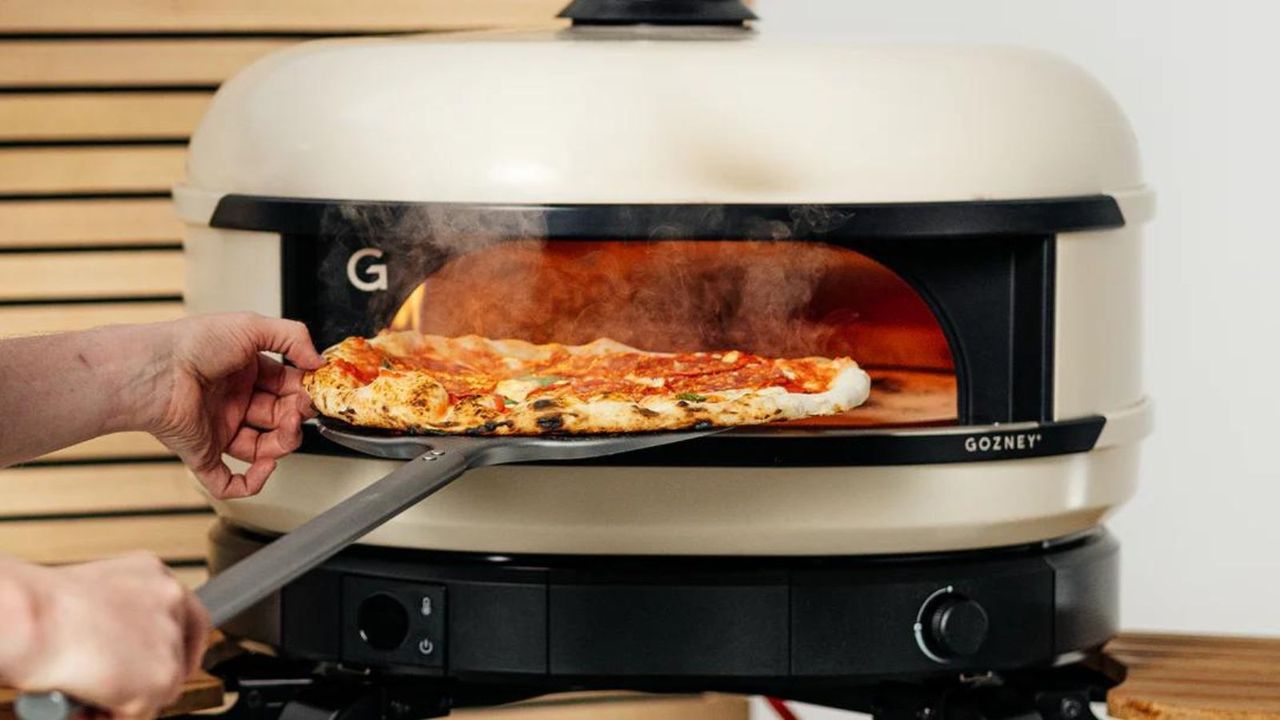 A pizza inside the Gozney Dome S1 Pizza Oven.